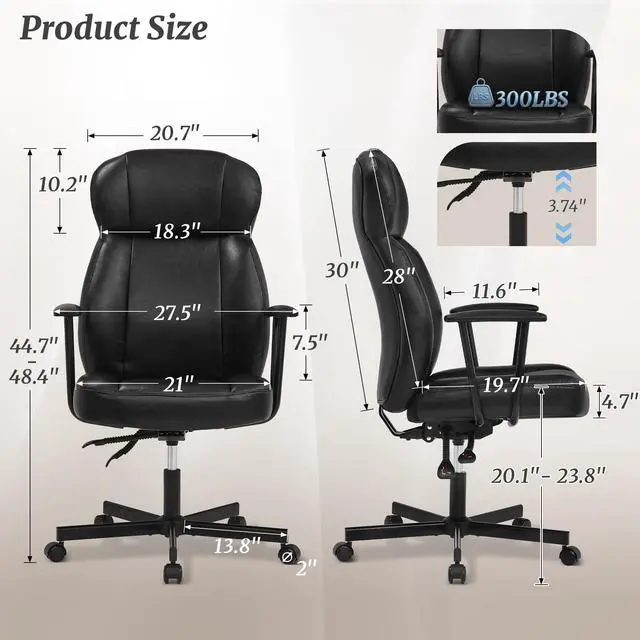 Alt view image 2 of 6 - Ergonomic PU Leather Home Office Chair, High Back Executive Desk Chair with 5-Layer Cushion, 95-135° Reclining Back, Lumbar Support, Adjustable Height, 360° Swivel for Home Office Task, Black