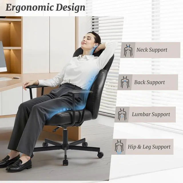 Alt view image 3 of 6 - Ergonomic PU Leather Home Office Chair, High Back Executive Desk Chair with 5-Layer Cushion, 95-135° Reclining Back, Lumbar Support, Adjustable Height, 360° Swivel for Home Office Task, Black