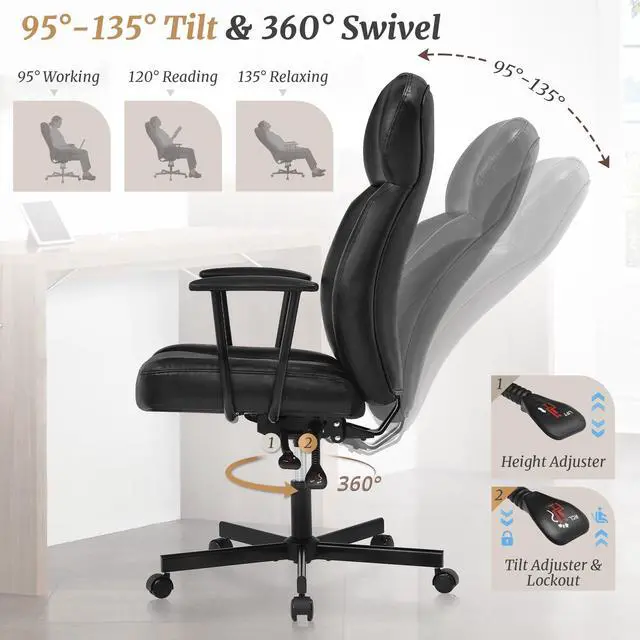 Alt view image 4 of 6 - Ergonomic PU Leather Home Office Chair, High Back Executive Desk Chair with 5-Layer Cushion, 95-135° Reclining Back, Lumbar Support, Adjustable Height, 360° Swivel for Home Office Task, Black