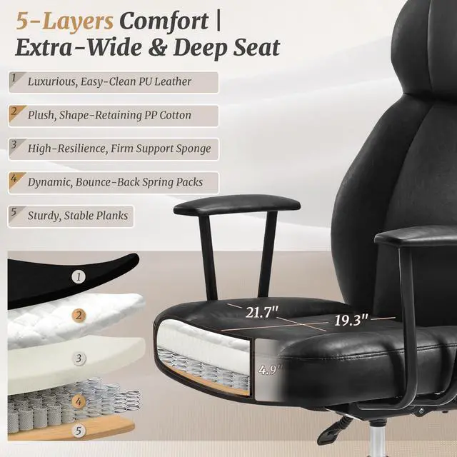 Alt view image 5 of 6 - Ergonomic PU Leather Home Office Chair, High Back Executive Desk Chair with 5-Layer Cushion, 95-135° Reclining Back, Lumbar Support, Adjustable Height, 360° Swivel for Home Office Task, Black