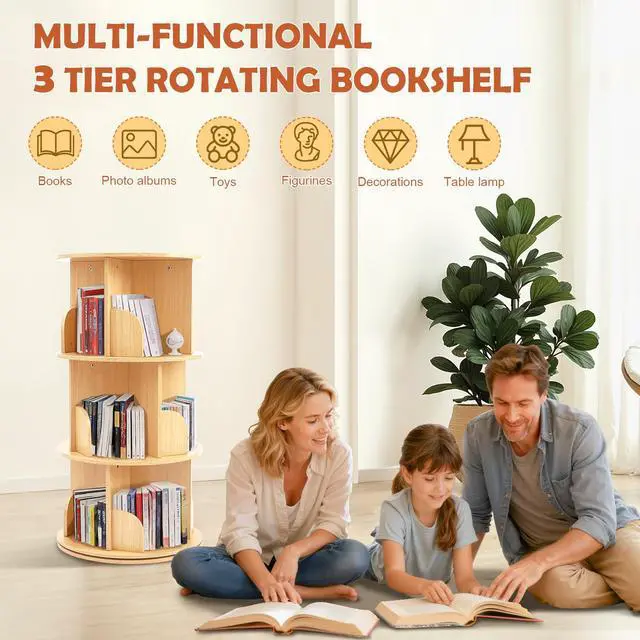 Alt view image 3 of 6 - Wooden Rotating Bookshelf, 3 Tier Kids Bookshelf | 360° Rotating Corner Shelf Storage Organizer, For Kids & Small Spaces, Multi-Functional, For Bedroom & Living Room
