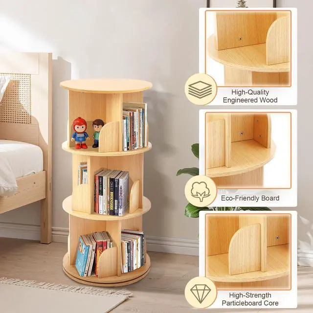 Alt view image 5 of 6 - Wooden Rotating Bookshelf, 3 Tier Kids Bookshelf | 360° Rotating Corner Shelf Storage Organizer, For Kids & Small Spaces, Multi-Functional, For Bedroom & Living Room