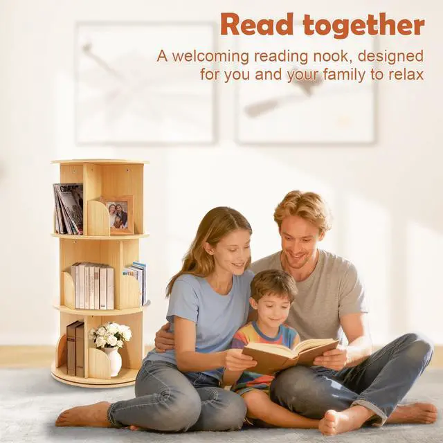 Alt view image 6 of 6 - Wooden Rotating Bookshelf, 3 Tier Kids Bookshelf | 360° Rotating Corner Shelf Storage Organizer, For Kids & Small Spaces, Multi-Functional, For Bedroom & Living Room
