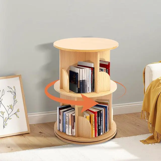 Main image of Wooden Rotating Bookshelf, 360° Spinning Bookcase, Wooden, 2 Tier | For Kids & Small Spaces, Corner Shelf Storage Organizer, For Bedroom, Living Room, Multi-Functional