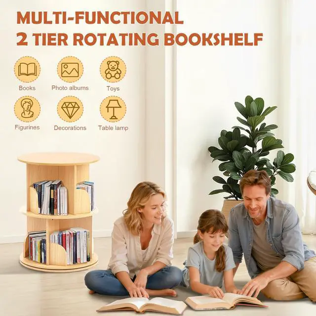 Alt view image 3 of 6 - Wooden Rotating Bookshelf, 360° Spinning Bookcase, Wooden, 2 Tier | For Kids & Small Spaces, Corner Shelf Storage Organizer, For Bedroom, Living Room, Multi-Functional