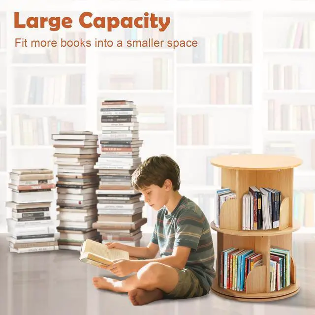 Alt view image 5 of 6 - Wooden Rotating Bookshelf, 360° Spinning Bookcase, Wooden, 2 Tier | For Kids & Small Spaces, Corner Shelf Storage Organizer, For Bedroom, Living Room, Multi-Functional
