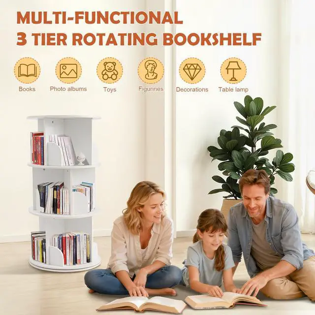 Alt view image 3 of 6 - Wooden Rotating Bookshelf, White, 3 Tier Kids Bookshelf | 360° Spinning, For Kids & Small Spaces, Corner Shelf Storage Organizer, Multi-Functional