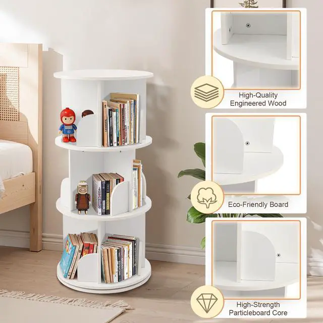 Alt view image 5 of 6 - Wooden Rotating Bookshelf, White, 3 Tier Kids Bookshelf | 360° Spinning, For Kids & Small Spaces, Corner Shelf Storage Organizer, Multi-Functional