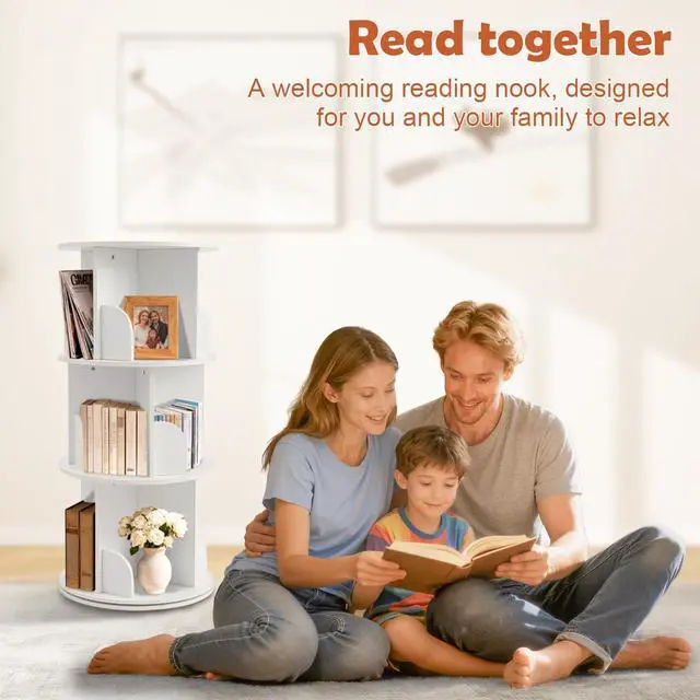 Alt view image 6 of 6 - Wooden Rotating Bookshelf, White, 3 Tier Kids Bookshelf | 360° Spinning, For Kids & Small Spaces, Corner Shelf Storage Organizer, Multi-Functional