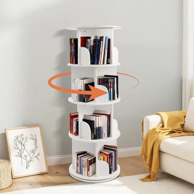 Main image of Wooden Rotating Bookshelf, White, 4 Tier Kids Bookshelf | 360° Spinning, For Kids & Small Spaces, Corner Shelf Storage Organizer, Multi-Functional