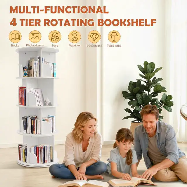 Alt view image 3 of 6 - Wooden Rotating Bookshelf, White, 4 Tier Kids Bookshelf | 360° Spinning, For Kids & Small Spaces, Corner Shelf Storage Organizer, Multi-Functional