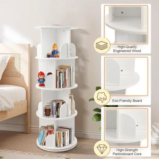 Alt view image 4 of 6 - Wooden Rotating Bookshelf, White, 4 Tier Kids Bookshelf | 360° Spinning, For Kids & Small Spaces, Corner Shelf Storage Organizer, Multi-Functional