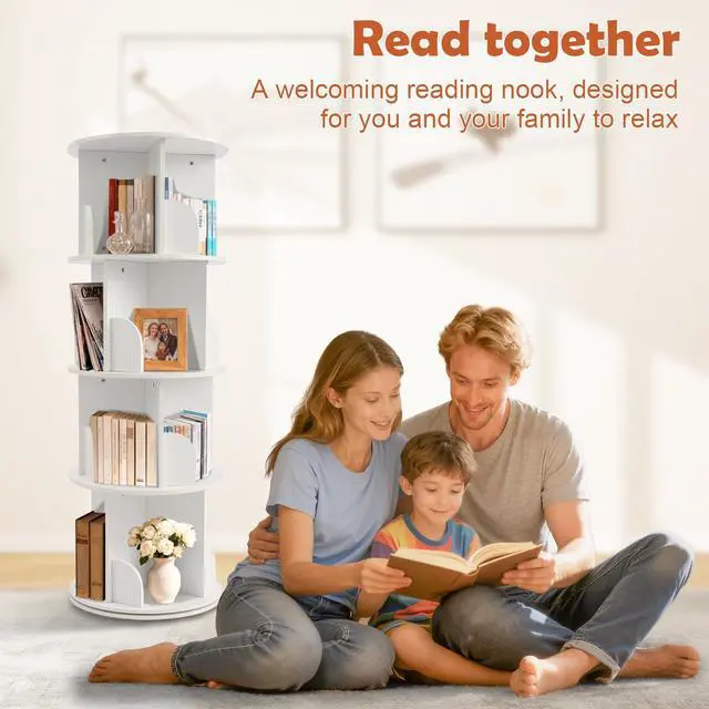 Alt view image 6 of 6 - Wooden Rotating Bookshelf, White, 4 Tier Kids Bookshelf | 360° Spinning, For Kids & Small Spaces, Corner Shelf Storage Organizer, Multi-Functional