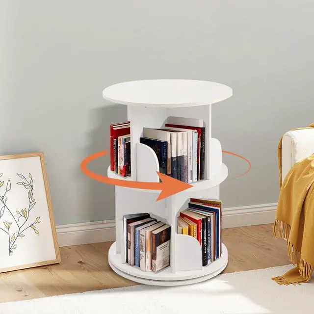 Main image of Wooden Rotating Bookshelf, White, 2 Tier Kids Bookshelf | 360° Spinning, For Kids & Small Spaces, Corner Shelf Storage Organizer, Multi-Functional