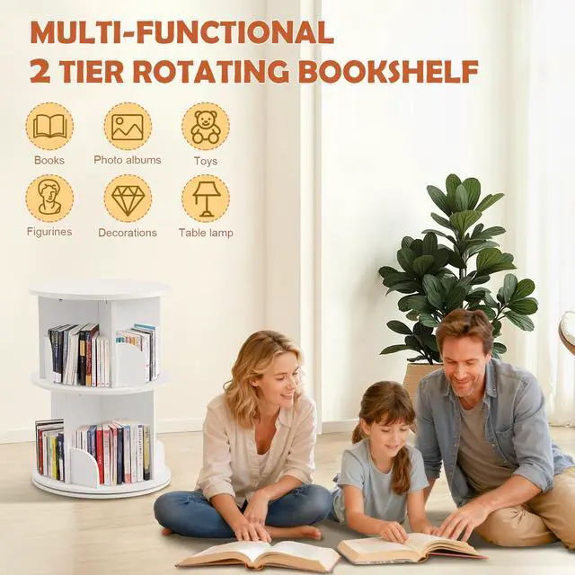 Alt view image 4 of 6 - Wooden Rotating Bookshelf, White, 2 Tier Kids Bookshelf | 360° Spinning, For Kids & Small Spaces, Corner Shelf Storage Organizer, Multi-Functional