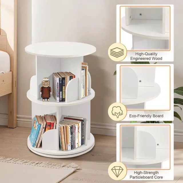Alt view image 5 of 6 - Wooden Rotating Bookshelf, White, 2 Tier Kids Bookshelf | 360° Spinning, For Kids & Small Spaces, Corner Shelf Storage Organizer, Multi-Functional