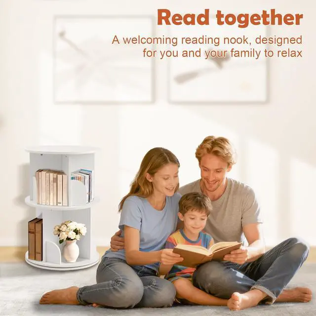 Alt view image 6 of 6 - Wooden Rotating Bookshelf, White, 2 Tier Kids Bookshelf | 360° Spinning, For Kids & Small Spaces, Corner Shelf Storage Organizer, Multi-Functional