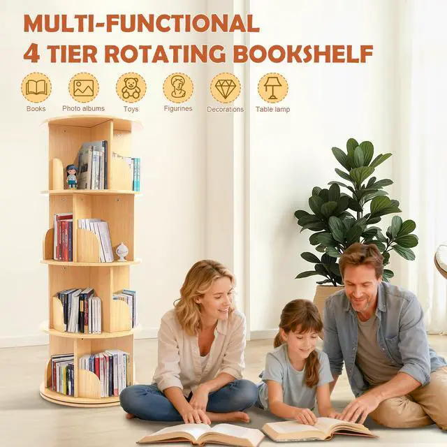 Alt view image 3 of 6 - Wooden Rotating Bookshelf, 4 Tier Kids Bookshelf | 360° Spinning, For Kids & Small Spaces, Corner Shelf Storage Organizer, Multi-Functional