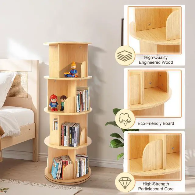 Alt view image 4 of 6 - Wooden Rotating Bookshelf, 4 Tier Kids Bookshelf | 360° Spinning, For Kids & Small Spaces, Corner Shelf Storage Organizer, Multi-Functional