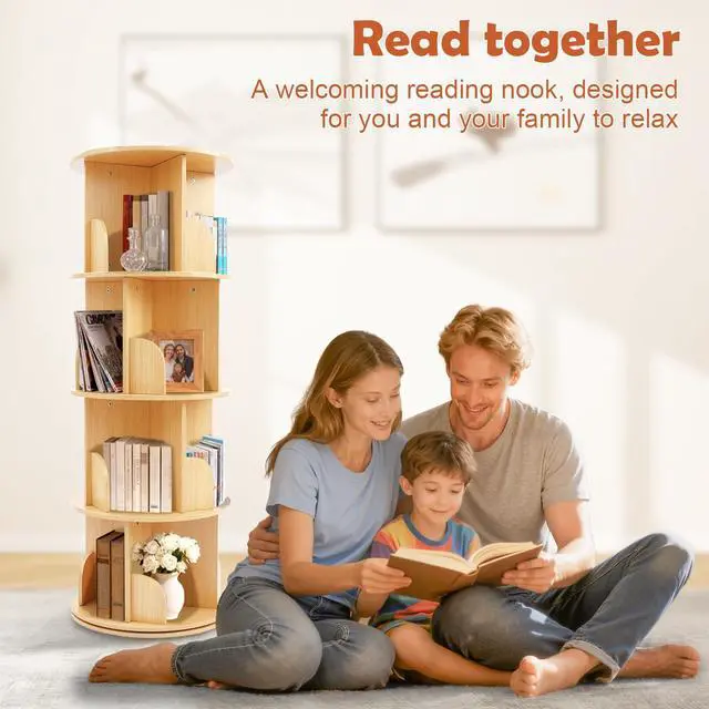 Alt view image 5 of 6 - Wooden Rotating Bookshelf, 4 Tier Kids Bookshelf | 360° Spinning, For Kids & Small Spaces, Corner Shelf Storage Organizer, Multi-Functional