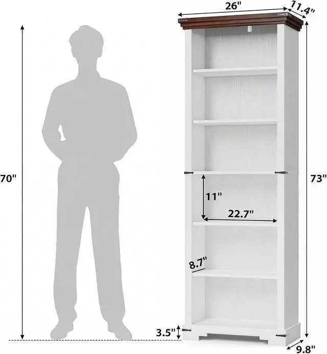 Alt view image 2 of 6 - 6-Tier Farmhouse Bookshelf, 73 inch Tall Book Shelf with Unique Design & 2 Adjustable Shelves, Wooden Bookshelf for Study Room, Living Room, Kitchen, Bedroom (White)
