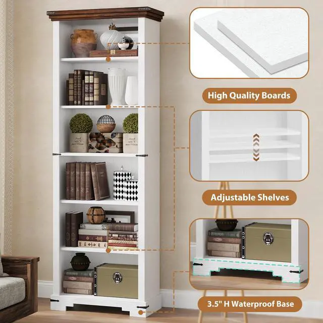 Alt view image 3 of 6 - 6-Tier Farmhouse Bookshelf, 73 inch Tall Book Shelf with Unique Design & 2 Adjustable Shelves, Wooden Bookshelf for Study Room, Living Room, Kitchen, Bedroom (White)