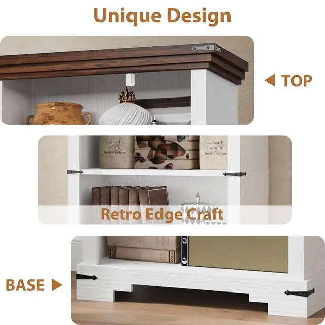 Alt view image 4 of 6 - 6-Tier Farmhouse Bookshelf, 73 inch Tall Book Shelf with Unique Design & 2 Adjustable Shelves, Wooden Bookshelf for Study Room, Living Room, Kitchen, Bedroom (White)