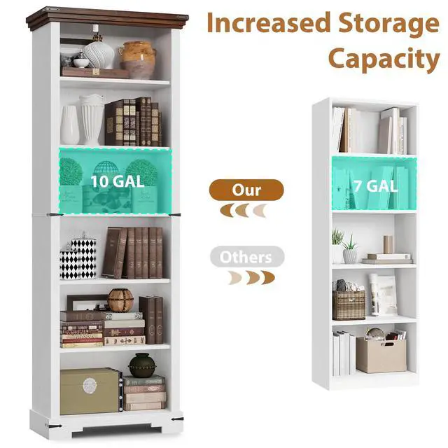 Alt view image 5 of 6 - 6-Tier Farmhouse Bookshelf, 73 inch Tall Book Shelf with Unique Design & 2 Adjustable Shelves, Wooden Bookshelf for Study Room, Living Room, Kitchen, Bedroom (White)