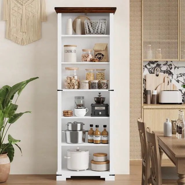 Alt view image 6 of 6 - 6-Tier Farmhouse Bookshelf, 73 inch Tall Book Shelf with Unique Design & 2 Adjustable Shelves, Wooden Bookshelf for Study Room, Living Room, Kitchen, Bedroom (White)