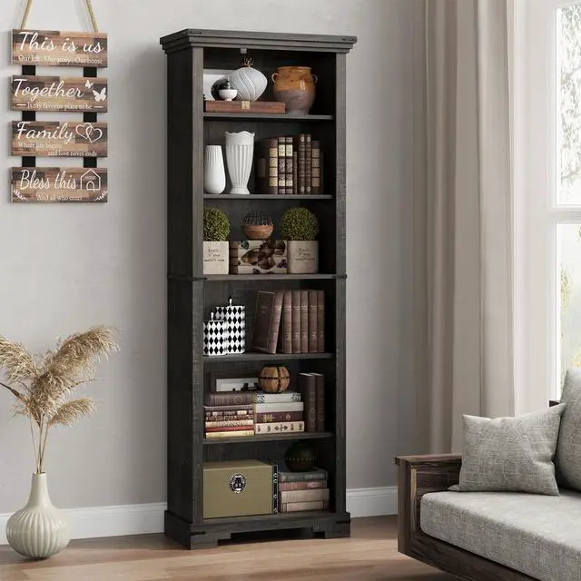 Main image of 6-Tier Farmhouse Bookshelf, 73 inch Tall Book Shelf with Unique Design & 2 Adjustable Shelves, Wooden Bookshelf for Study Room, Living Room, Kitchen, Bedroom (Black)