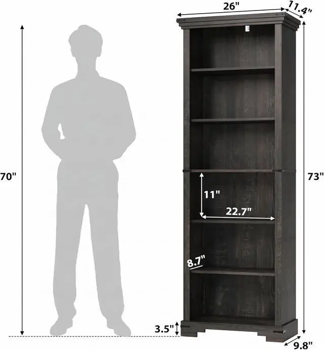 Alt view image 2 of 6 - 6-Tier Farmhouse Bookshelf, 73 inch Tall Book Shelf with Unique Design & 2 Adjustable Shelves, Wooden Bookshelf for Study Room, Living Room, Kitchen, Bedroom (Black)