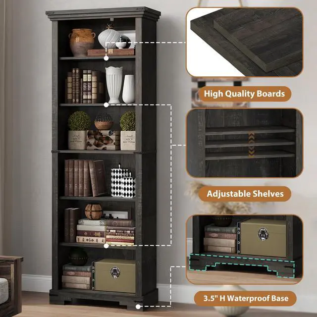 Alt view image 3 of 6 - 6-Tier Farmhouse Bookshelf, 73 inch Tall Book Shelf with Unique Design & 2 Adjustable Shelves, Wooden Bookshelf for Study Room, Living Room, Kitchen, Bedroom (Black)