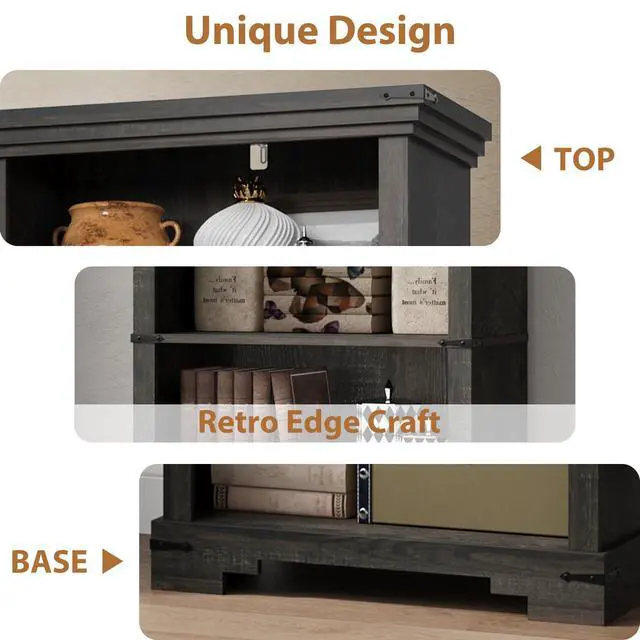 Alt view image 4 of 6 - 6-Tier Farmhouse Bookshelf, 73 inch Tall Book Shelf with Unique Design & 2 Adjustable Shelves, Wooden Bookshelf for Study Room, Living Room, Kitchen, Bedroom (Black)