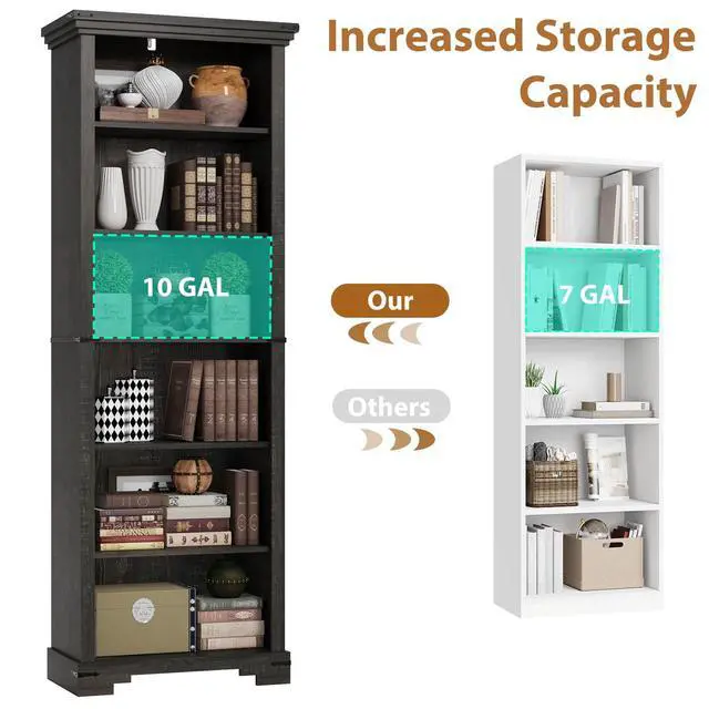 Alt view image 5 of 6 - 6-Tier Farmhouse Bookshelf, 73 inch Tall Book Shelf with Unique Design & 2 Adjustable Shelves, Wooden Bookshelf for Study Room, Living Room, Kitchen, Bedroom (Black)