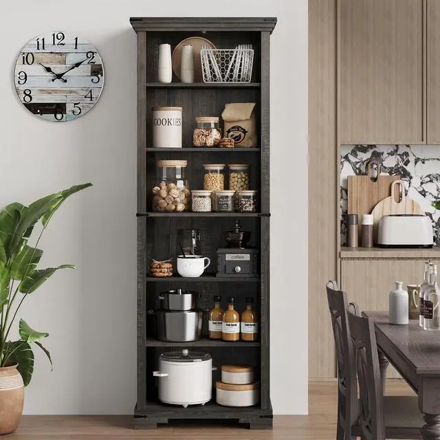 Alt view image 6 of 6 - 6-Tier Farmhouse Bookshelf, 73 inch Tall Book Shelf with Unique Design & 2 Adjustable Shelves, Wooden Bookshelf for Study Room, Living Room, Kitchen, Bedroom (Black)