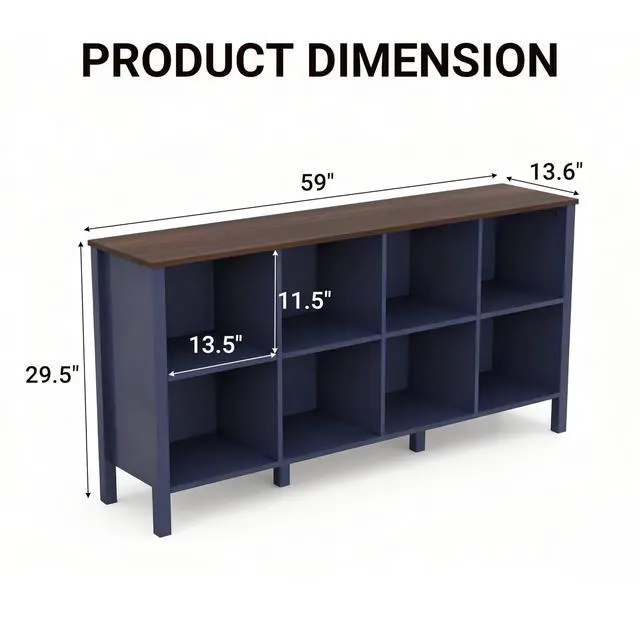Alt view image 2 of 6 - 8-Cube Bookcase, Farmhouse Wooden Bookshelf Low Storage Organizer, 59" Horizontal Navy Blue Console with Legs, Hallway Book Case for Entryway, Display Cabinet for Living Room (Navy Blue, 8-Cube)