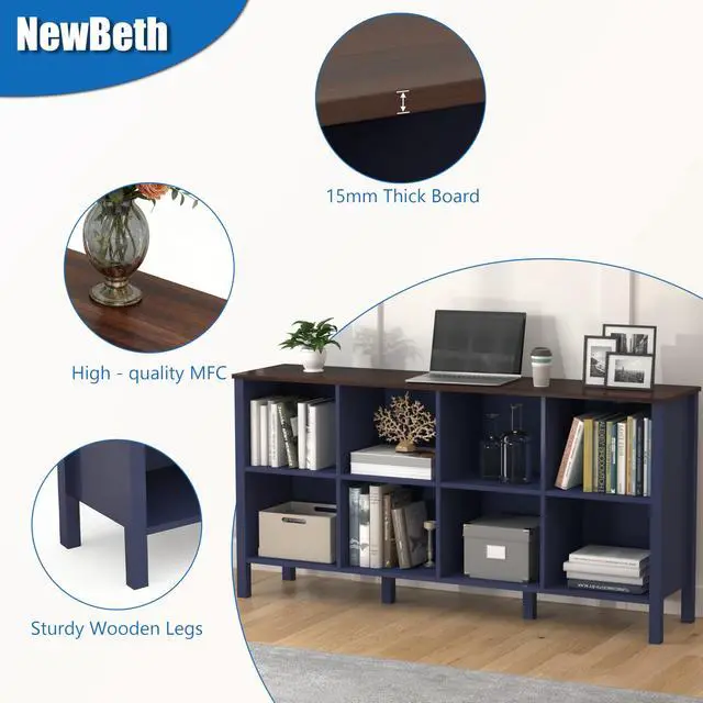 Alt view image 3 of 6 - 8-Cube Bookcase, Farmhouse Wooden Bookshelf Low Storage Organizer, 59" Horizontal Navy Blue Console with Legs, Hallway Book Case for Entryway, Display Cabinet for Living Room (Navy Blue, 8-Cube)