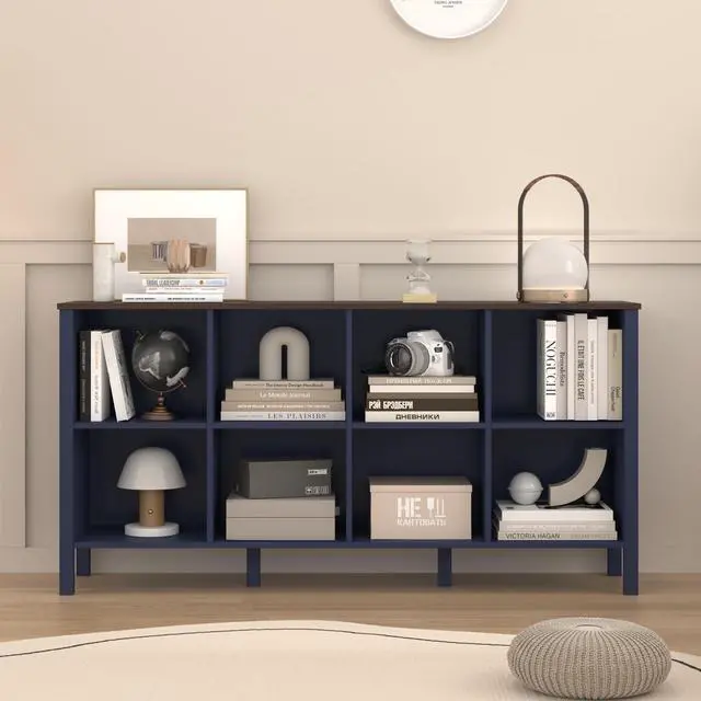 Alt view image 4 of 6 - 8-Cube Bookcase, Farmhouse Wooden Bookshelf Low Storage Organizer, 59" Horizontal Navy Blue Console with Legs, Hallway Book Case for Entryway, Display Cabinet for Living Room (Navy Blue, 8-Cube)