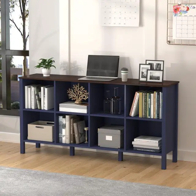 Alt view image 5 of 6 - 8-Cube Bookcase, Farmhouse Wooden Bookshelf Low Storage Organizer, 59" Horizontal Navy Blue Console with Legs, Hallway Book Case for Entryway, Display Cabinet for Living Room (Navy Blue, 8-Cube)