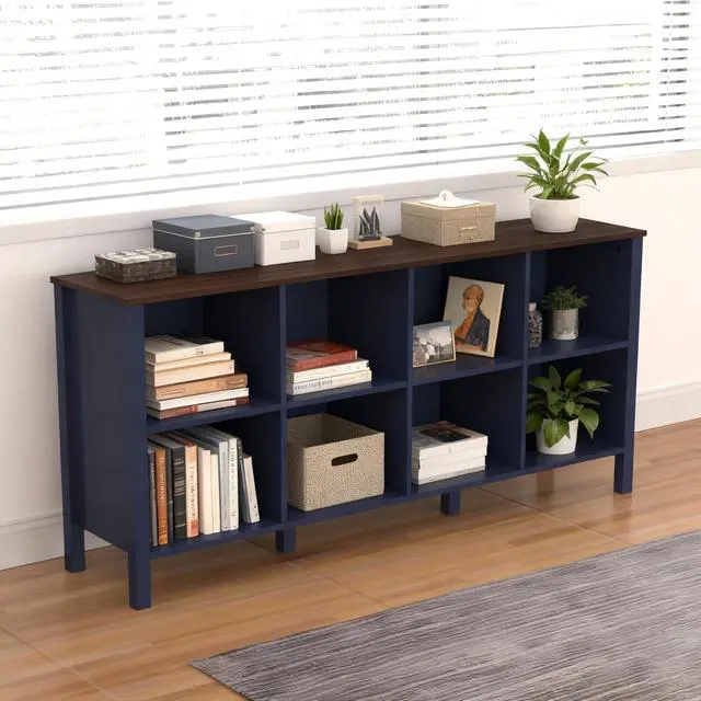 Alt view image 6 of 6 - 8-Cube Bookcase, Farmhouse Wooden Bookshelf Low Storage Organizer, 59" Horizontal Navy Blue Console with Legs, Hallway Book Case for Entryway, Display Cabinet for Living Room (Navy Blue, 8-Cube)