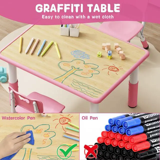 Alt view image 2 of 6 - Adjustable Toddler Table and Chair Set, 31.5" L x 23.6" W Pink | Table Supports 300 lbs, Drawing Activity Desk, Classroom/Daycare/Home, Children Multi-Activity Table for Ages 3-8
