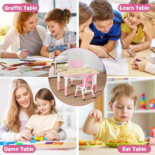 Alt view image 5 of 6 - Adjustable Toddler Table and Chair Set, 31.5" L x 23.6" W Pink | Table Supports 300 lbs, Drawing Activity Desk, Classroom/Daycare/Home, Children Multi-Activity Table for Ages 3-8