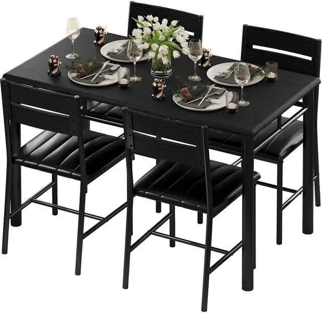 Main image of Dining Table Set for 4, Wood Kitchen Table with Upholstered Chairs for Kitchen & Dining Room, Compact Dining Set for Small Spaces, Black