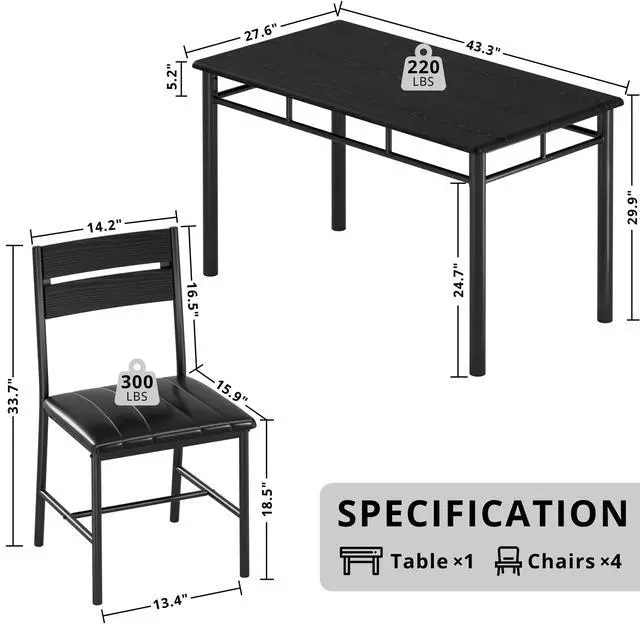 Alt view image 2 of 6 - Dining Table Set for 4, Wood Kitchen Table with Upholstered Chairs for Kitchen & Dining Room, Compact Dining Set for Small Spaces, Black