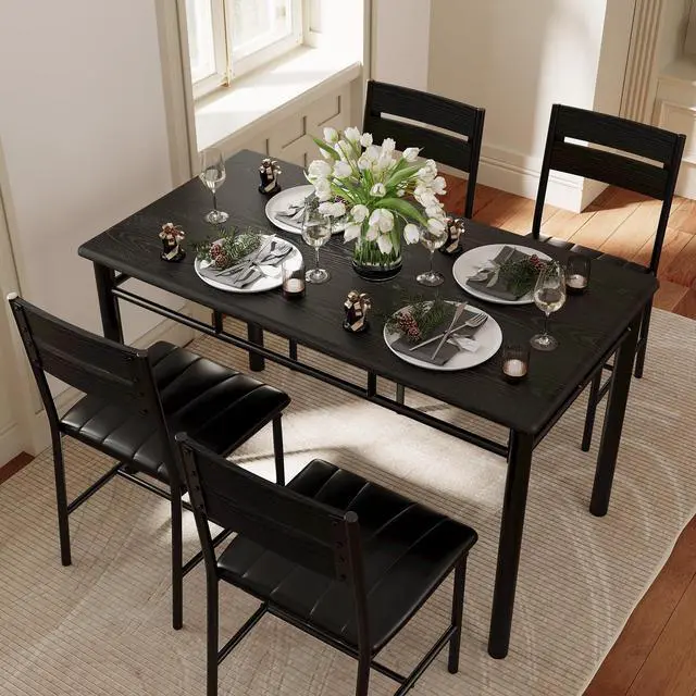 Alt view image 3 of 6 - Dining Table Set for 4, Wood Kitchen Table with Upholstered Chairs for Kitchen & Dining Room, Compact Dining Set for Small Spaces, Black