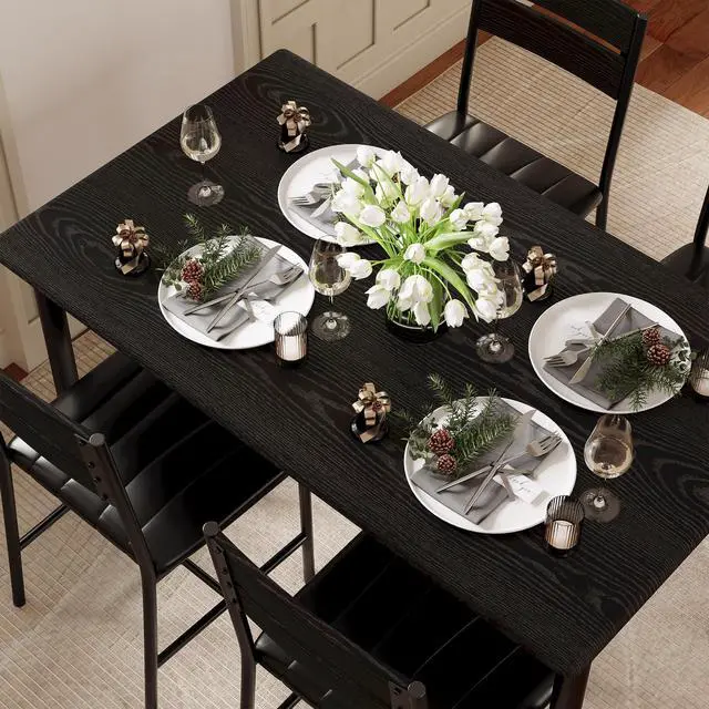 Alt view image 4 of 6 - Dining Table Set for 4, Wood Kitchen Table with Upholstered Chairs for Kitchen & Dining Room, Compact Dining Set for Small Spaces, Black