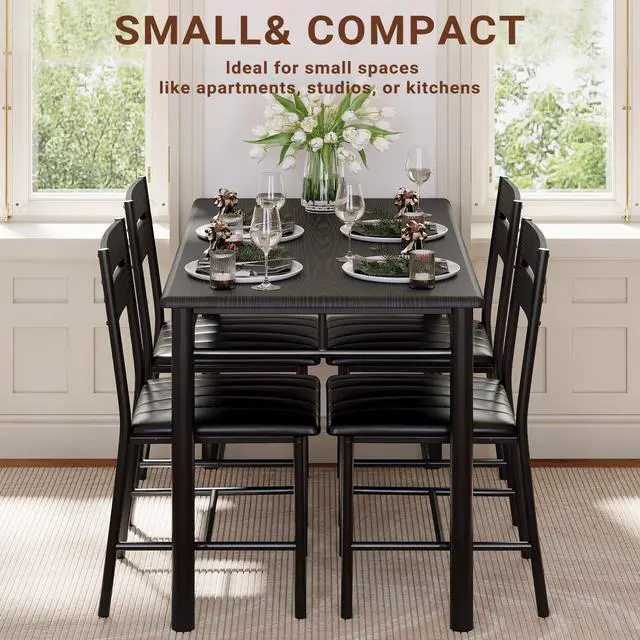Alt view image 5 of 6 - Dining Table Set for 4, Wood Kitchen Table with Upholstered Chairs for Kitchen & Dining Room, Compact Dining Set for Small Spaces, Black