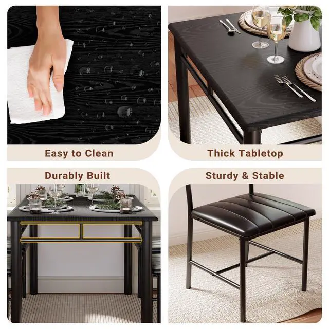 Alt view image 6 of 6 - Dining Table Set for 4, Wood Kitchen Table with Upholstered Chairs for Kitchen & Dining Room, Compact Dining Set for Small Spaces, Black