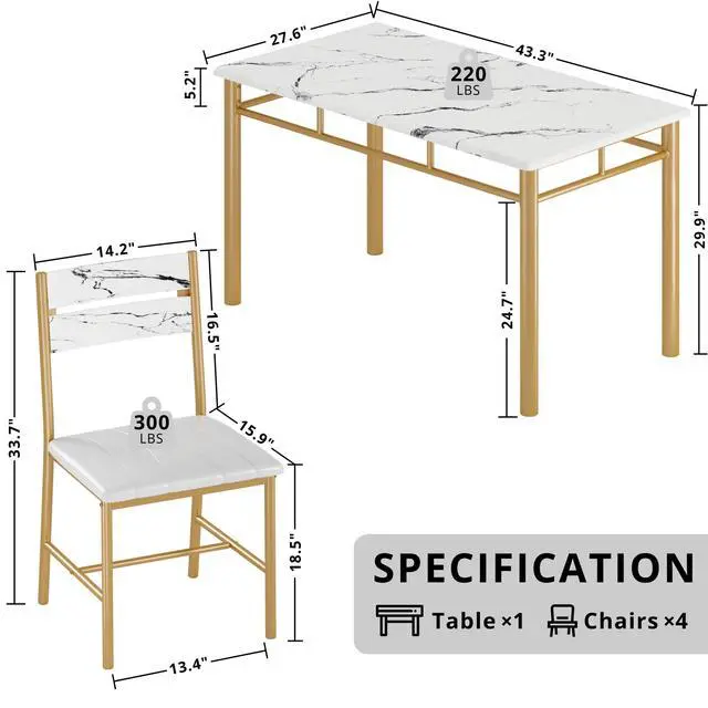 Alt view image 2 of 6 - Dining Table Set for 4, Wood Kitchen Table with Upholstered Chairs for Kitchen & Dining Room, Compact Dining Set for Small Spaces, White & Gold