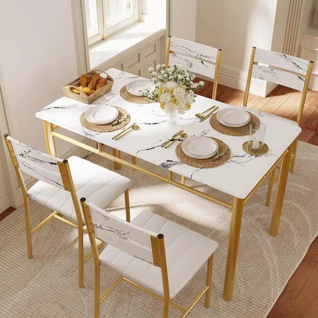 Alt view image 3 of 6 - Dining Table Set for 4, Wood Kitchen Table with Upholstered Chairs for Kitchen & Dining Room, Compact Dining Set for Small Spaces, White & Gold